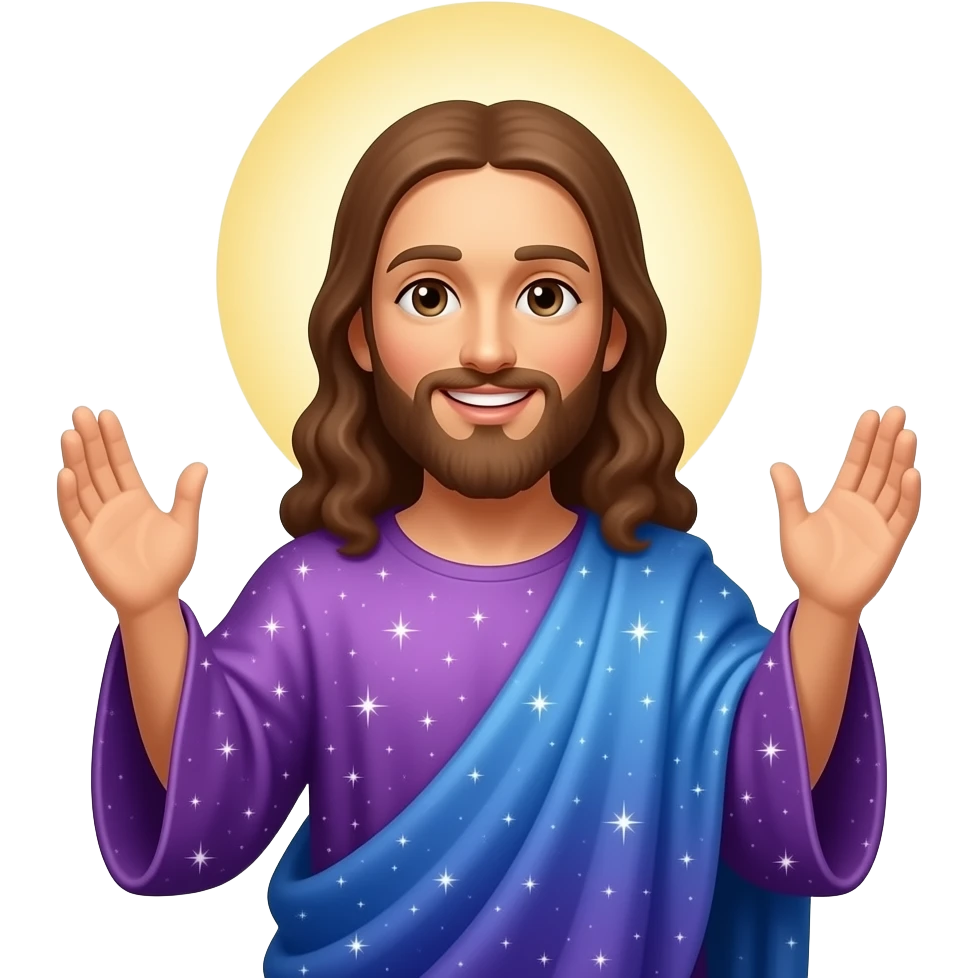 Jesus smiling and wearing a purple and blue celestial robe and a halo behind him and hands risen up emoji