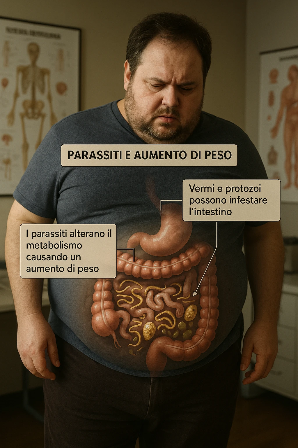 cinematic photo an overweight man is shown with a semi-transparent abdomen, highlighting the intestines filled with various types of parasites (such as worms or protozoa). Educational callouts explain how these parasites can disrupt metabolism and contribute to weight gain. The setting is a medical office, with charts and diagrams in the background. in italiano emoji