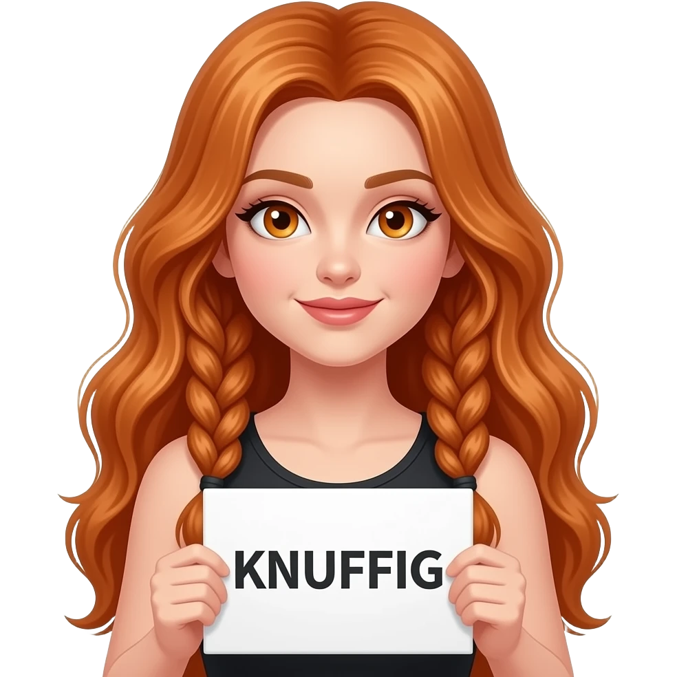 sexy girl with long wavy ginger braids and ginger eyes wearing a black tanktop is holding a white sign with KNUFFIG written on it emoji
