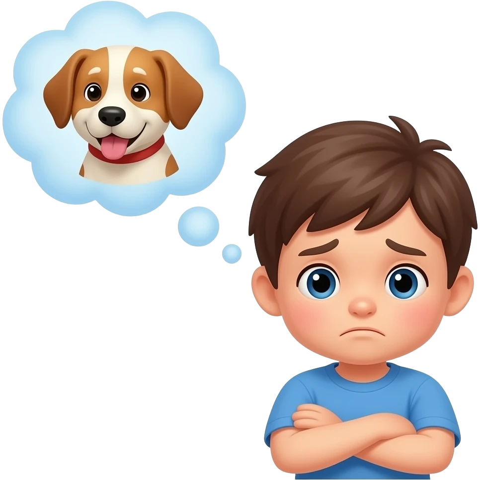 a shrugging kid with a thought bubble, thinking about a dog emoji