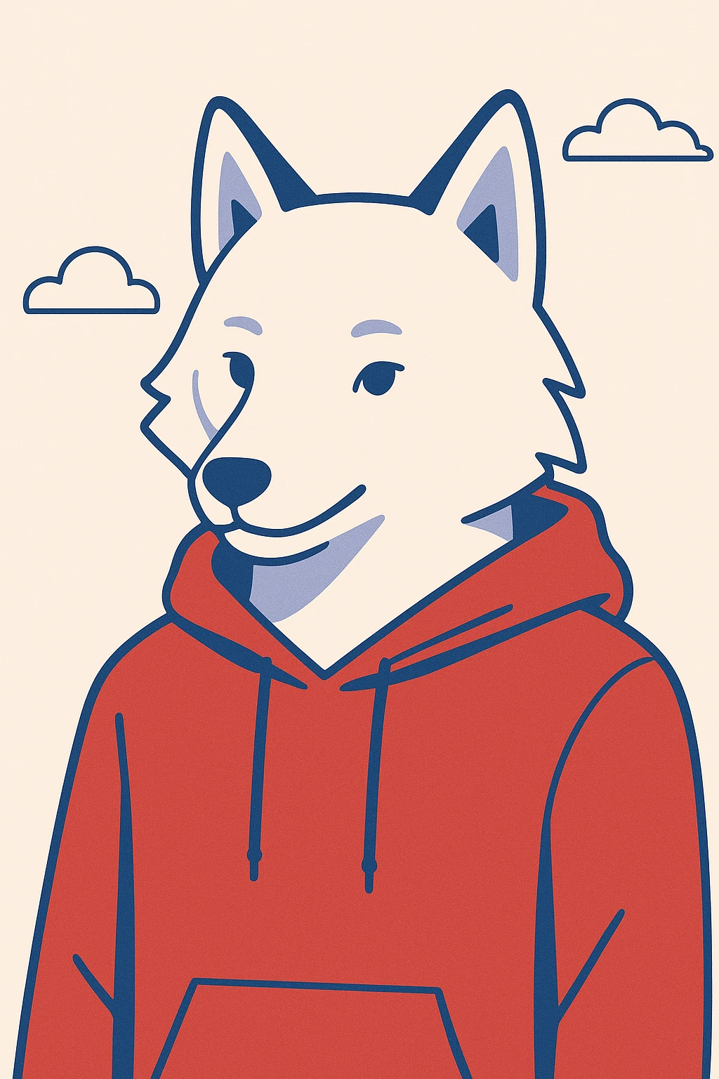white wolf wearing a red hoodie, clean background, modern illustration emoji