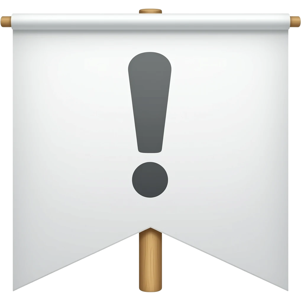 Pancarta de cartón rectángular blanca con un palo del centro de madera, de manifestación, con una exclamación en el centro emoji