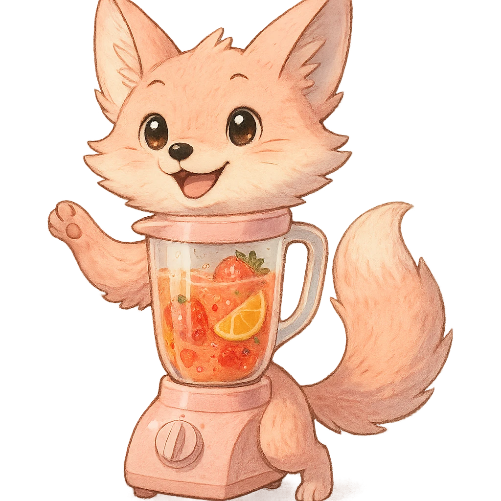high-quality full-body ghibli style soft fluffy fox as a blender, transparent body containing vibrant realistic fruity smoothie, pastel pink, sparkling eyes, sweet smile, lively joyful pose, highly detailed emoji
