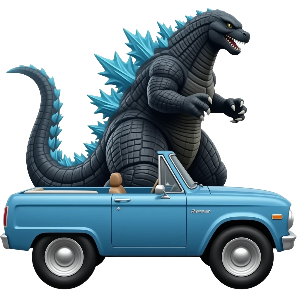 Godzilla behind 1967 convertible ford bronco in blue emoji