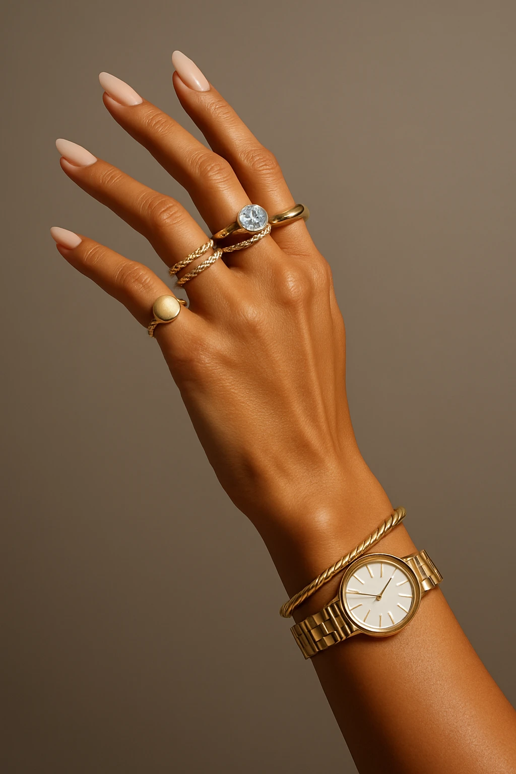 a tanned female hand adorned with lots of rings, graceful pose, fashion, shiny accessories emoji