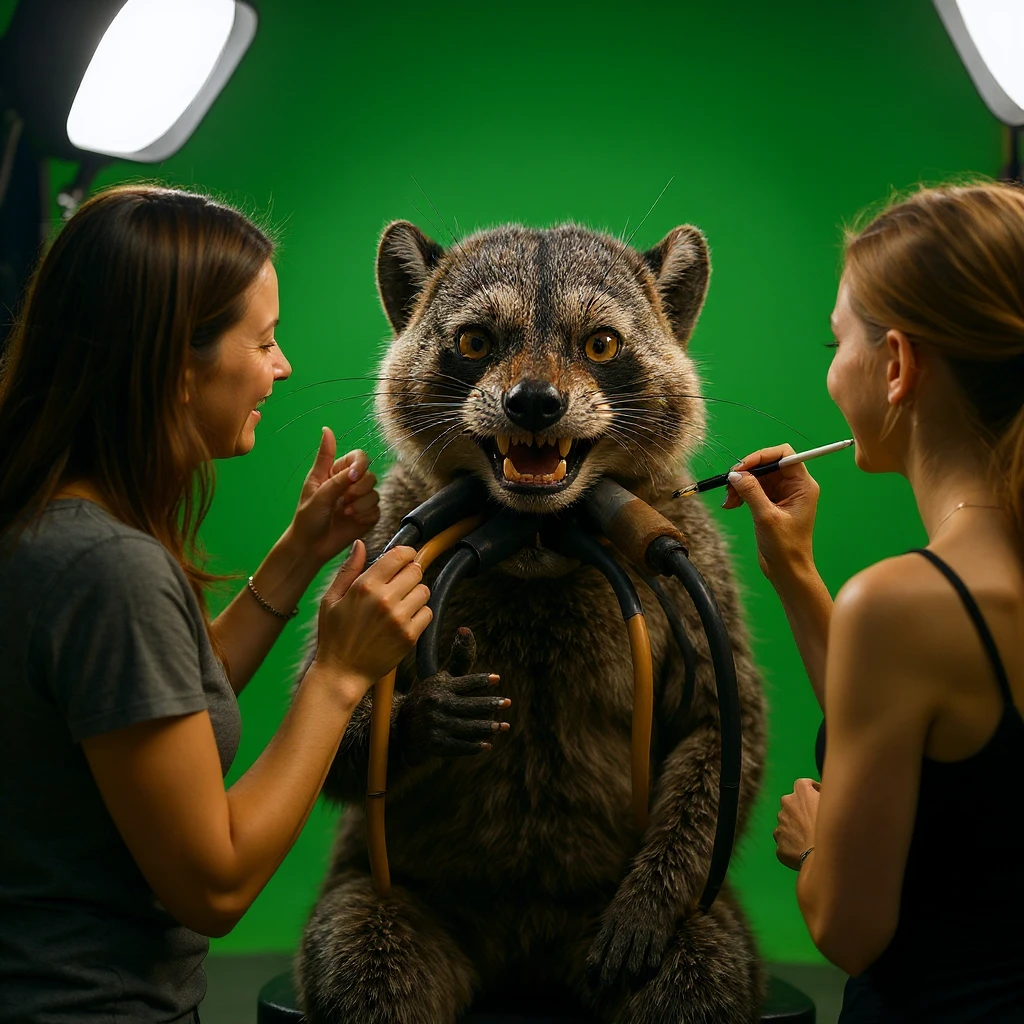 Make this raccon On a movie set, with a green screen in the background, a raccoon actor is smiling while women are putting makeup on him. The raccoon gives a thumbs up emoji