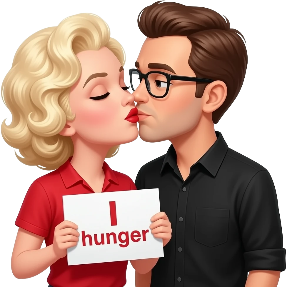 blonde marilyn monroe curly hairstyle holding I hunger sign in a red shirt kissing a man with brownish hair with glasses in a black shirt emoji