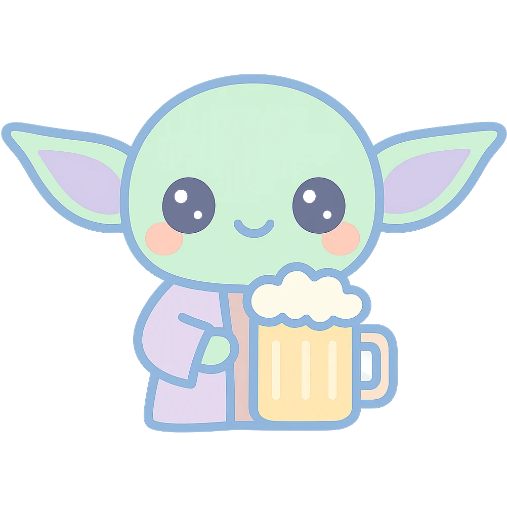 Yoda cartoon drinking a beer mug, kawaii style emoji