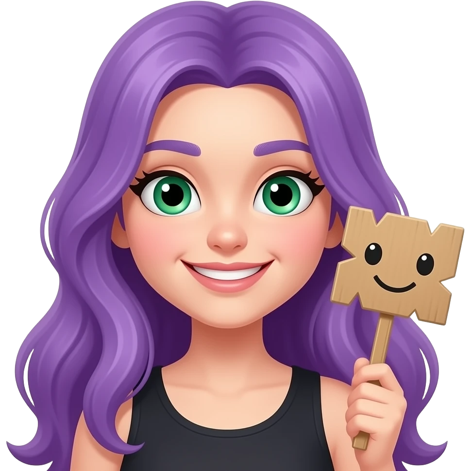 girl with long purple hair holding a CUTE but STABBY sign emoji