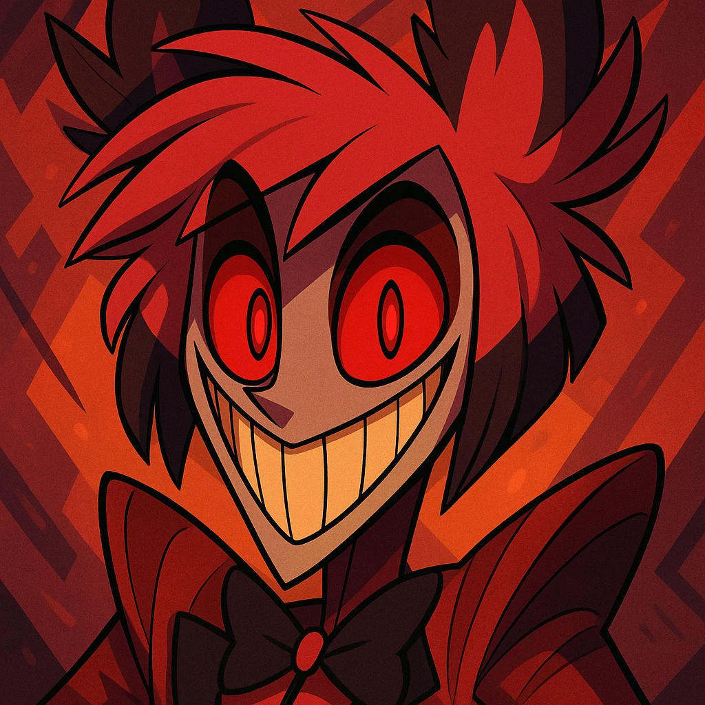Alastor from Hazbin Hotel, close-up portrait in unique cartoon style, emphasizing his signature smile and red eyes, no text emoji