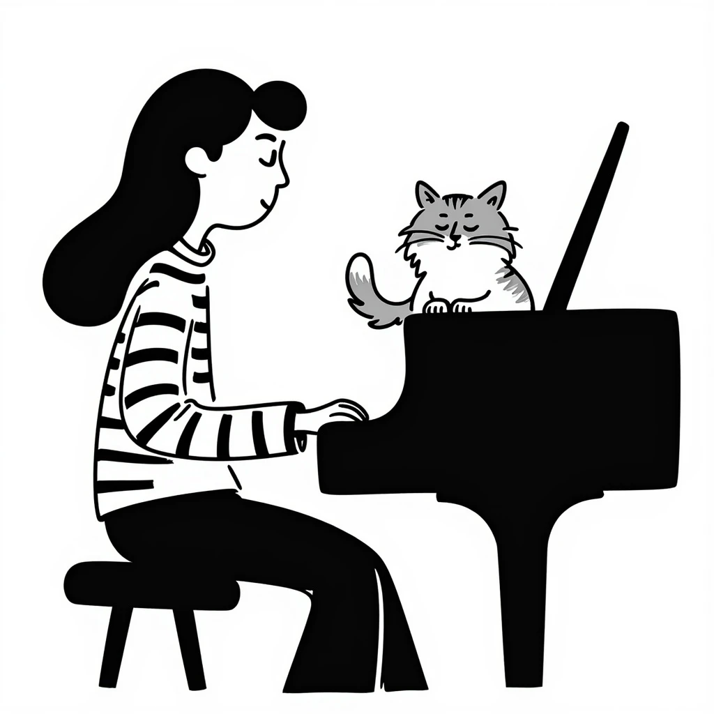woman playing piano while her cat sits on top of the piano emoji