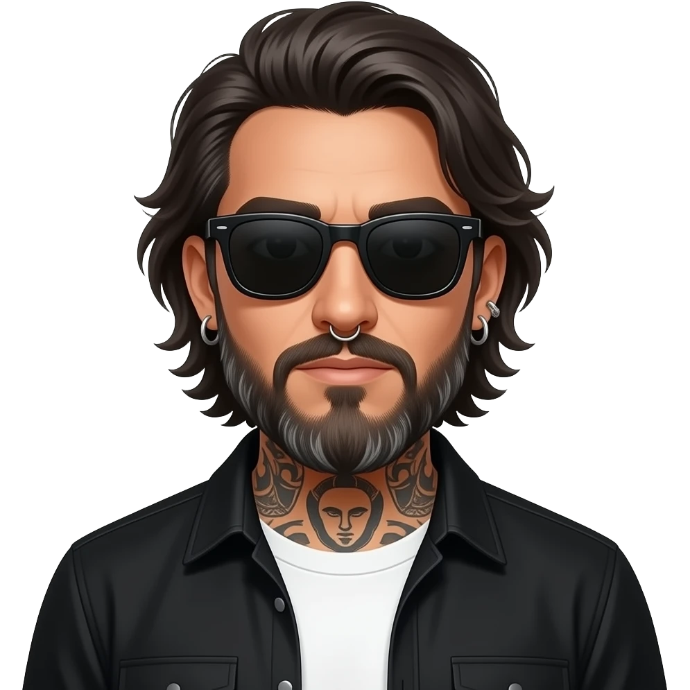 A handsome Latino man with medium length hair and pretty long beard with some grays and tattoos with a right nose hoop and a left earring hoop wearing all black with a white undershirt and black sunglasses emoji