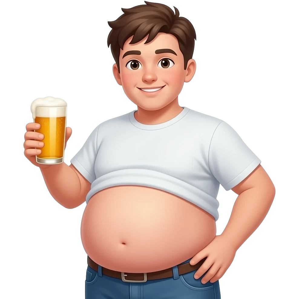 Zrób chłopak 15 latek z piwny brzuchem kształt jak piłka twarty brzuch i bardzo ogromny brzuch i trzyma piwo emoji