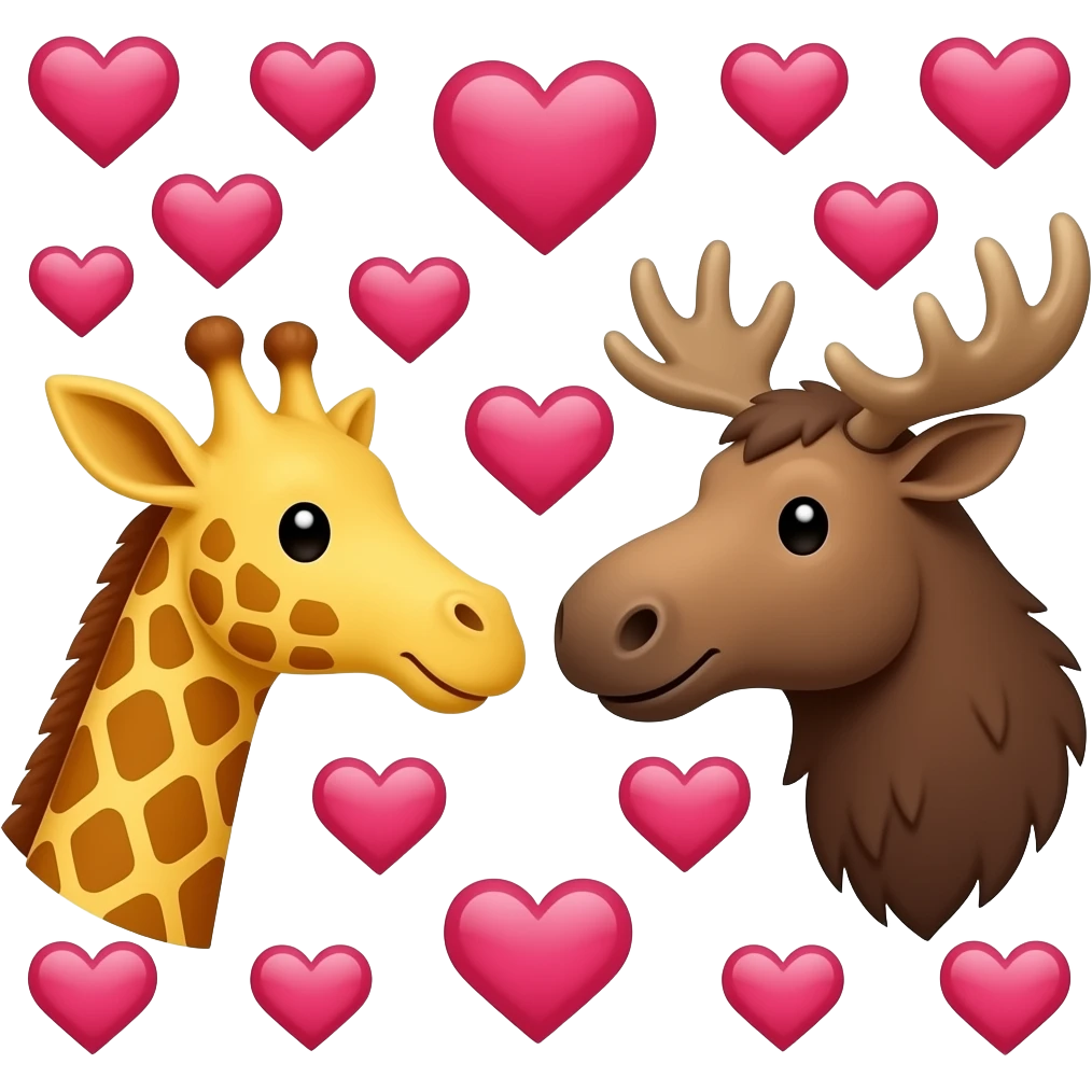 Einfacher Giraffenkopf und Elchkopf schauen sich an mit vielen Herzchen emoji
