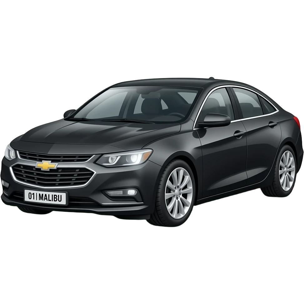 A realistic icon emoji of a metallic black sedan Chevrolet Malibu 2.0L Turbo Premier, front wheels turned to the left, dark charcoal tint windows, black alloy 5-spoke rims, Dynamic white glow LED headlights with glowing effect, uzbekistan region flag, number texts "01 | MALIBU" in plate emoji