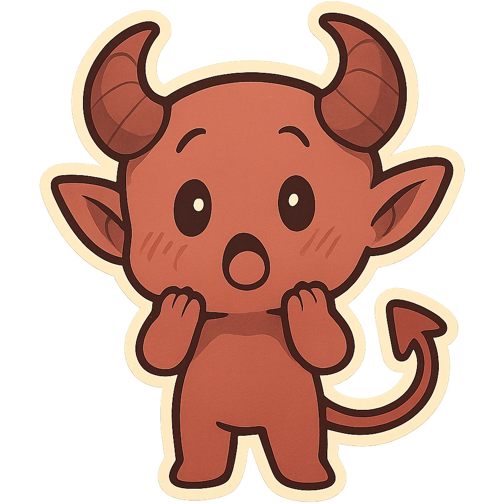 a chibi-style imp, round face, blushing cheeks, looking surprised, cartoonish style, cute and expressive emoji