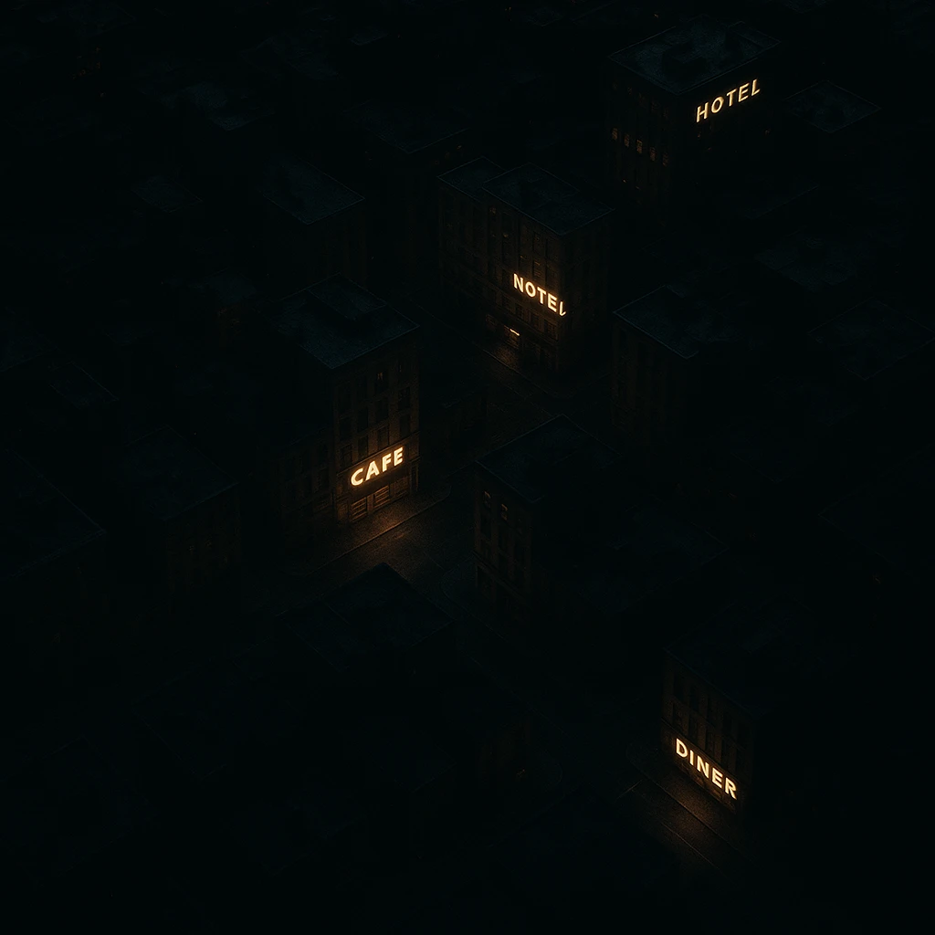 Realistic top-down view of a night city, all in shadow, only establishments glowing, dark and moody, photorealistic style emoji