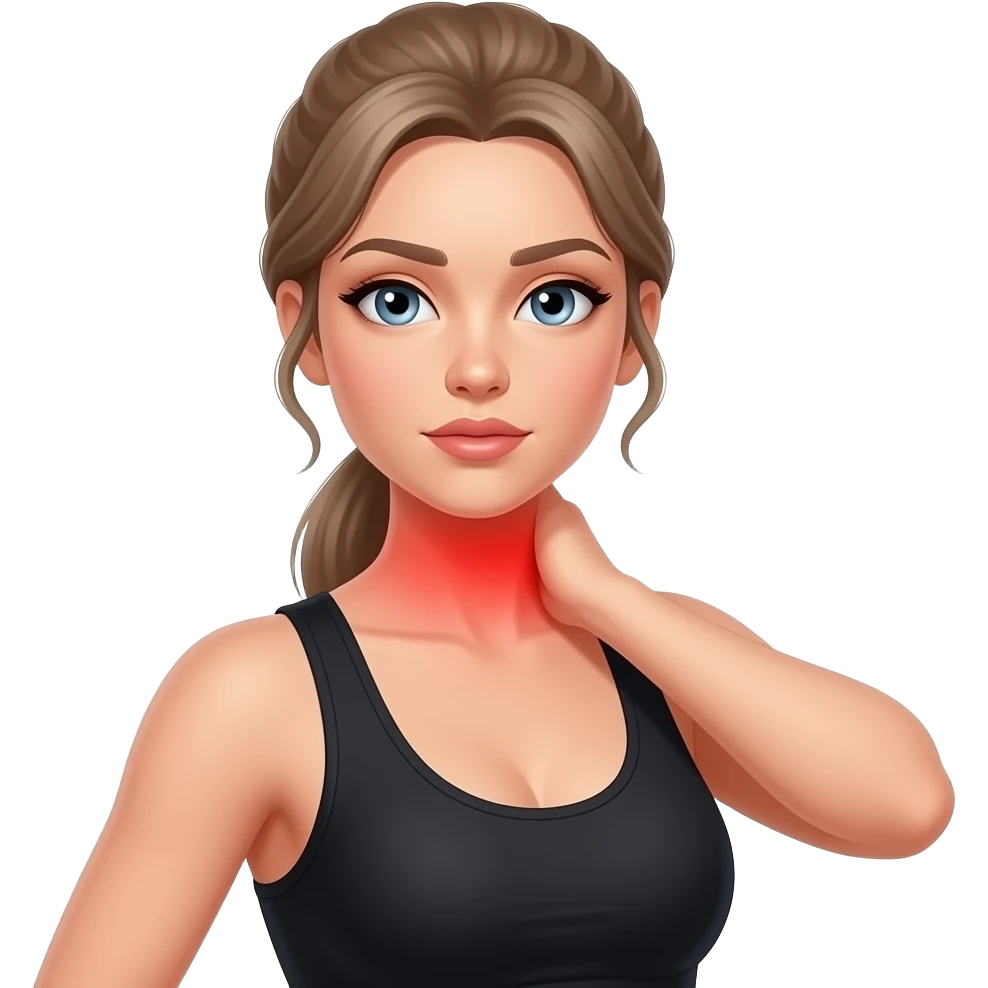 back neck pain, red glow on neck, woman touching her neck, fair-skinned woman, gray-blue eyes, ash brown brows, ash light brown hair tied back, slim athletic body, black workout set emoji