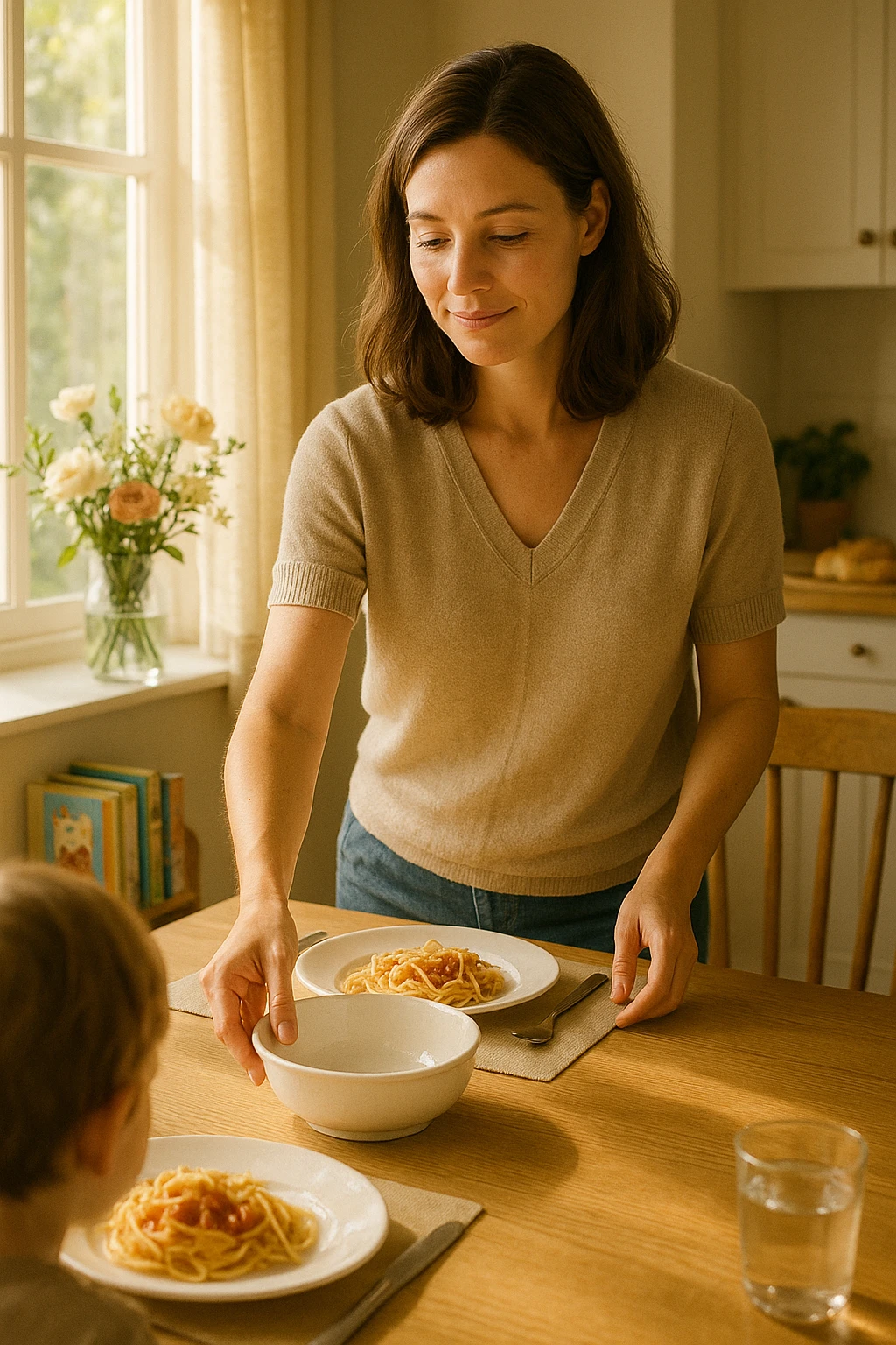 "Donna tra i 30 e i 40 anni, all’interno della sua casa luminosa, mentre prepara la tavola o accudisce i figli con un’espressione dolce e serena. Indossa abiti semplici e curati, simbolo di cura e presenza. Sullo sfondo si vedono dettagli di una casa armoniosa: fiori freschi, libri per bambini, un pranzo in preparazione. La scena trasmette calore, dedizione e stabilità familiare. Elementi visivi di supporto: luce solare che entra dalla finestra, atmosfera calda e rassicurante. Stile realistico con toni caldi e tenui emoji