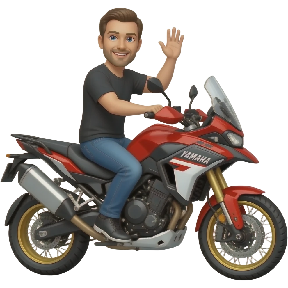 Man on 2018 Yahama Tenere 690 motorcycle red black and white waving emoji