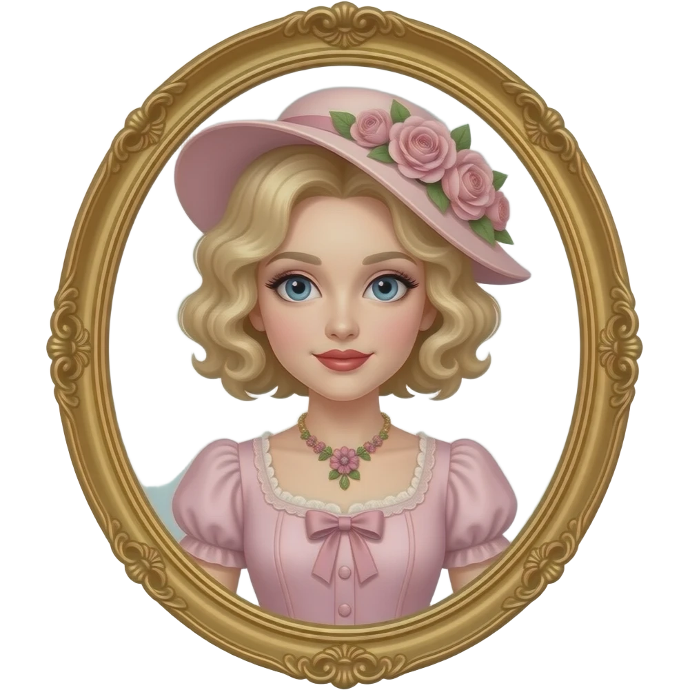 Victorian look with blonde short tight curls bob hair side swept in a light pink Victorian dress, antique pink flowers necklace and light pink Victorian hat with flowers, red lipstick and antique gold frame emoji