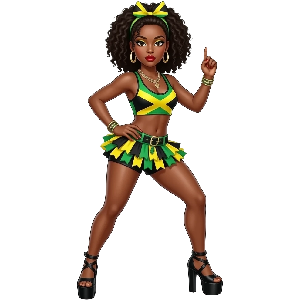 jamaican dancehall dancer woman, bright neon green and yellow and black costume, crop top and shorts, big platform heels, bold makeup, tropical carnival vibe, flat vector sticker style, white background emoji