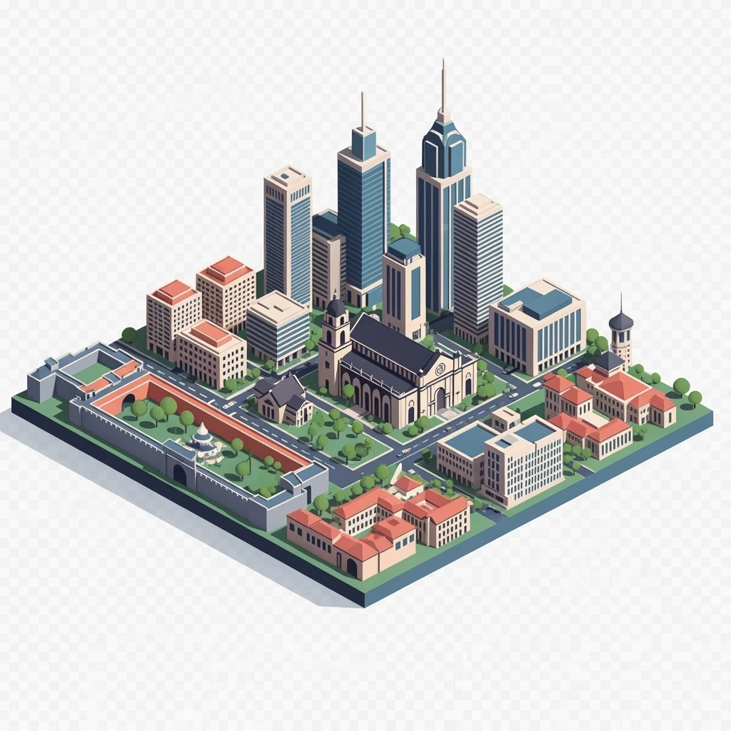 Isometric minimalistic illustration of Manila, subtle 3D miniature effect and Tilt Shift effect, no cartoonish look, transparent background. emoji
