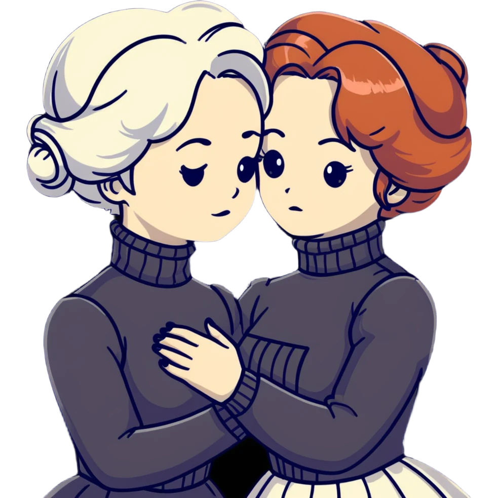 Two Victorian women with grey eyes in a sad, intimate hug. One has bright white coiffed hair, one has dark copper coiffed hair. Both wearing Victorian turtleneck dresses with arms tightly around each other. emoji
