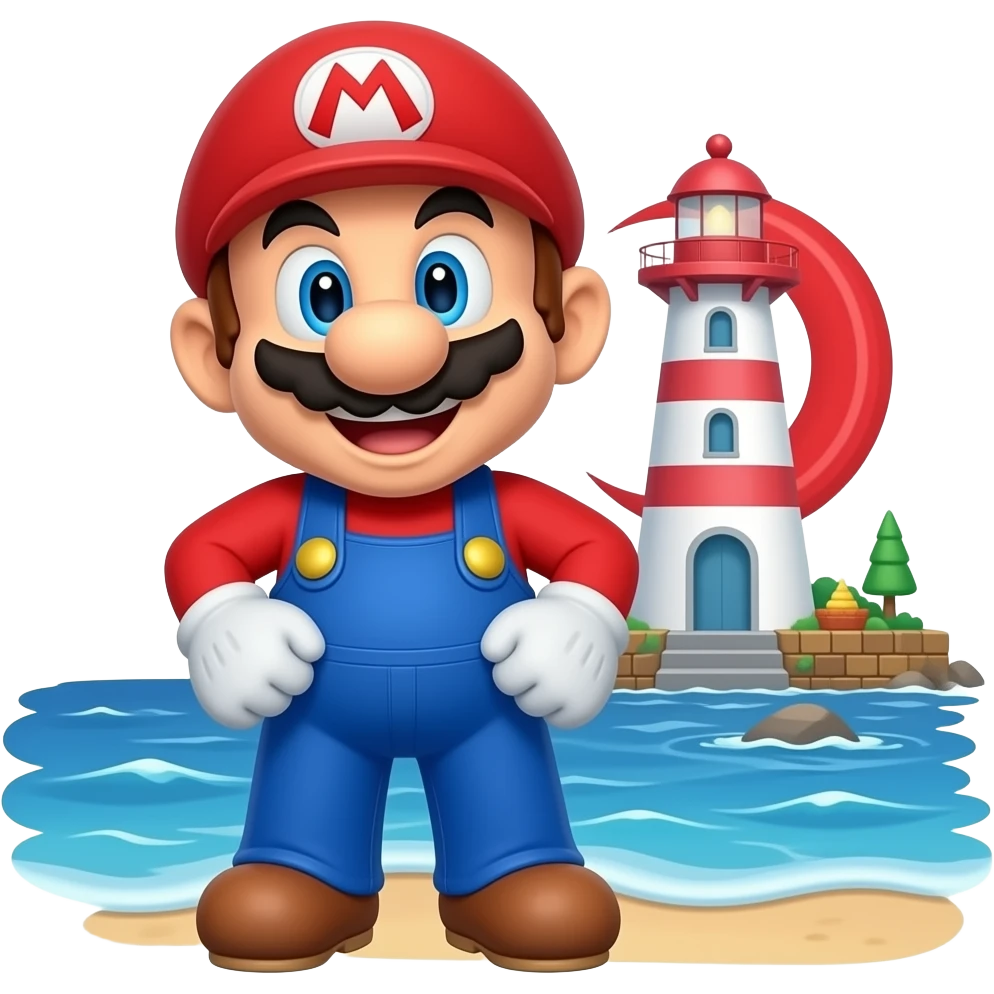 super mario bro close to a lighthouse 3d close to the ocean emoji