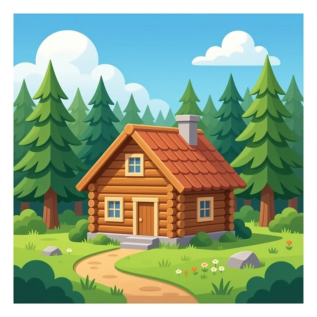 Azme una casa en madio del bosque, haz que tenga un estilo rustico (todo de madera) y pequeña emoji
