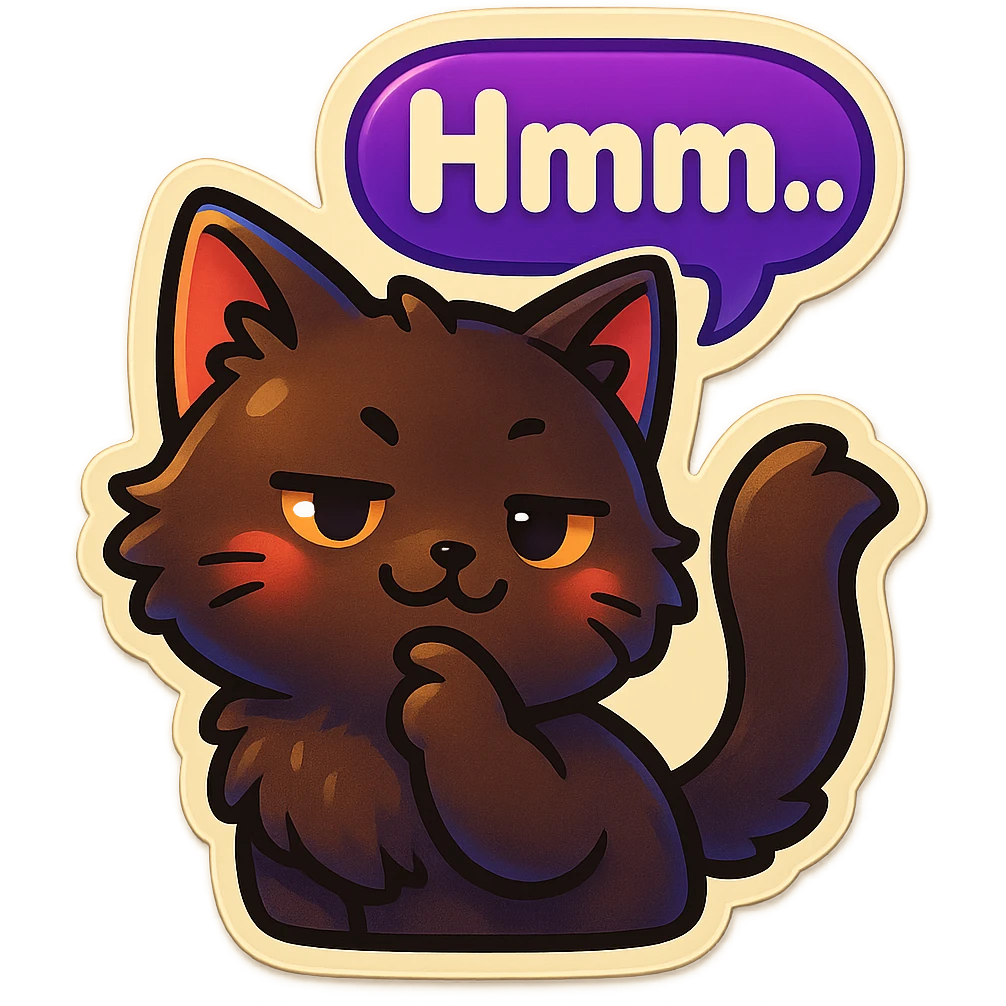 a dark-brown fluffy cute kawaii anime cat thinking smirking thoughtfully, saying “Hmm..” with a purple speech bubble emoji
