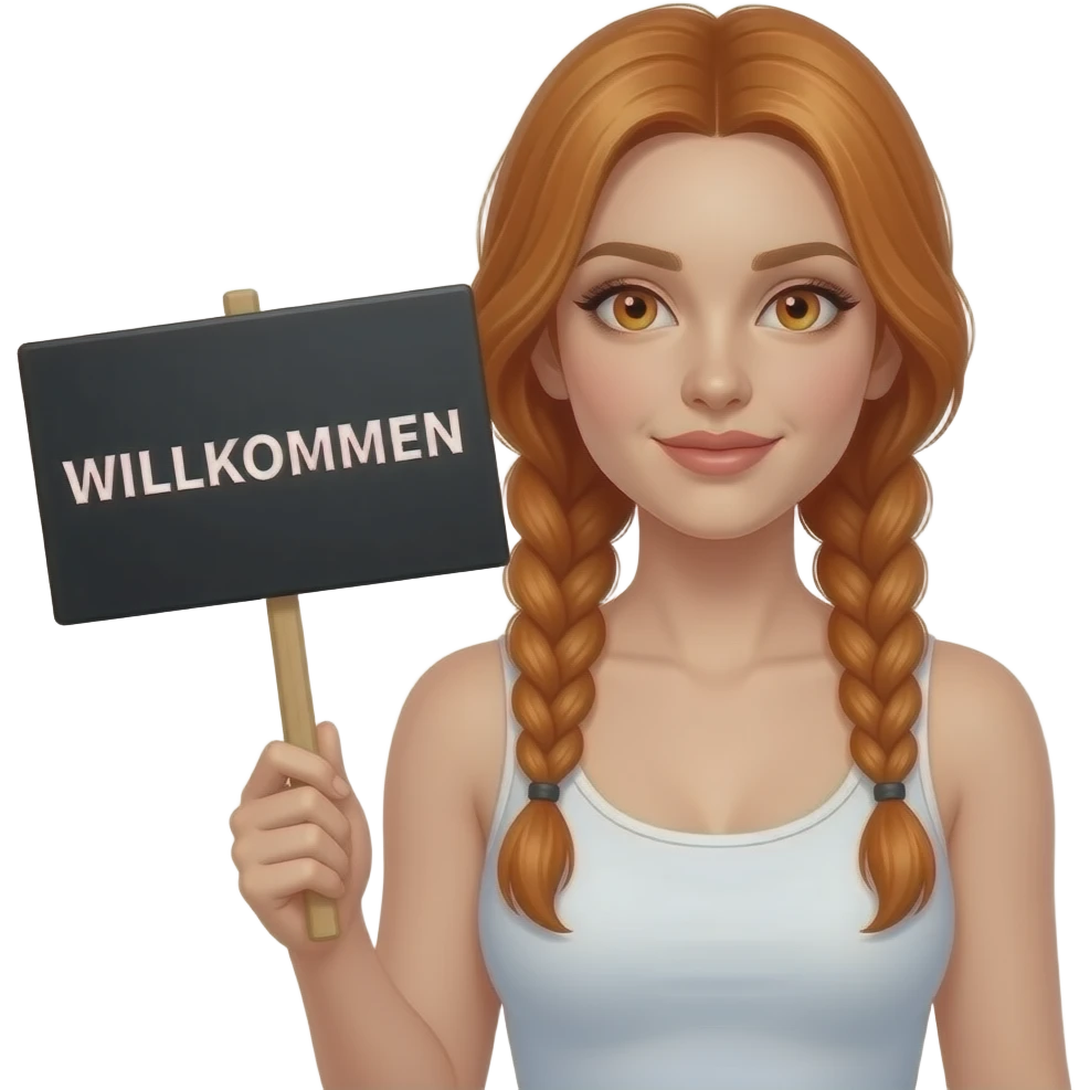 sexy girl with long ginger braids and ginger eyes wearing a white tanktop is holding a black sign with WILLKOMMEN written on it emoji
