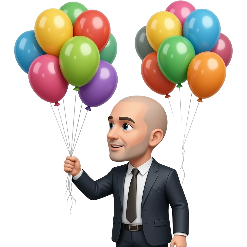 a bald man looking to the side talking with burst balloons, silhouette emoji