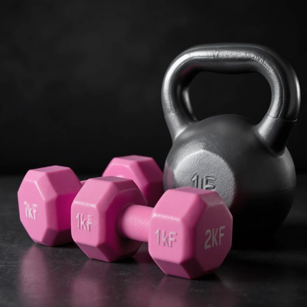 realistic pink dumbbells and kettlebell, metallic texture, gym setting, soft shadows emoji
