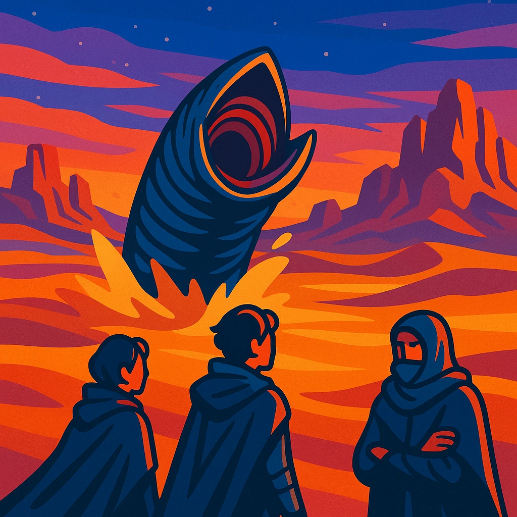 Desert planet Arrakis from Dune, sandworm bursting from sand in the midground, three people in the foreground, rock formations behind, dusk sky, in a vibrant toon style emoji