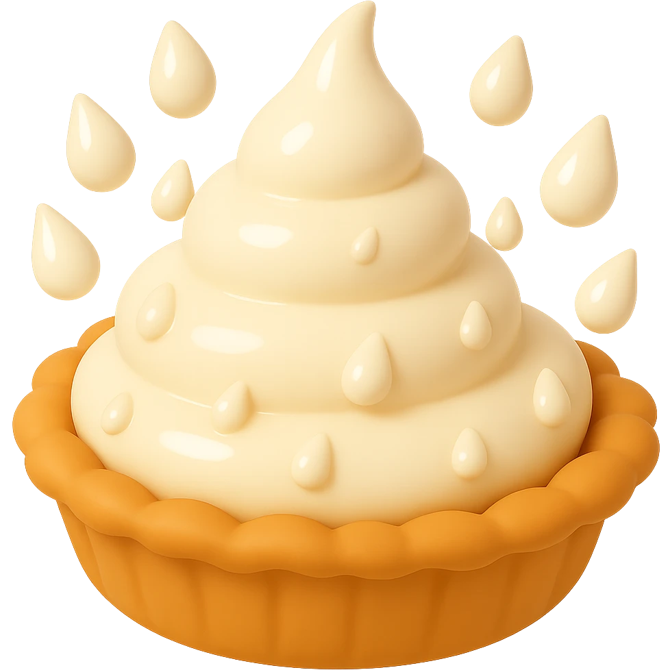 Frame 8 of 15: Cream pie with seven cream droplets, playful 3D emoji style, golden brown crust, same angle as reference emoji
