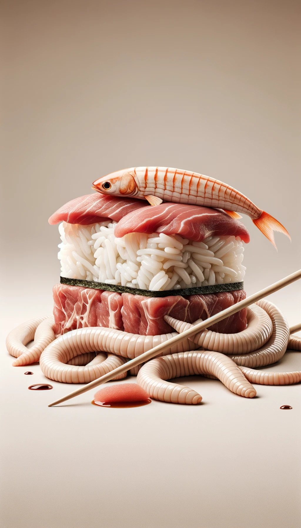 carne cruda fluttua insieme a sushi, intorno a loro fluttuano vermi lunghi e beige chiaro, sfondo neutro chiaro, iperrealistico 4k emoji