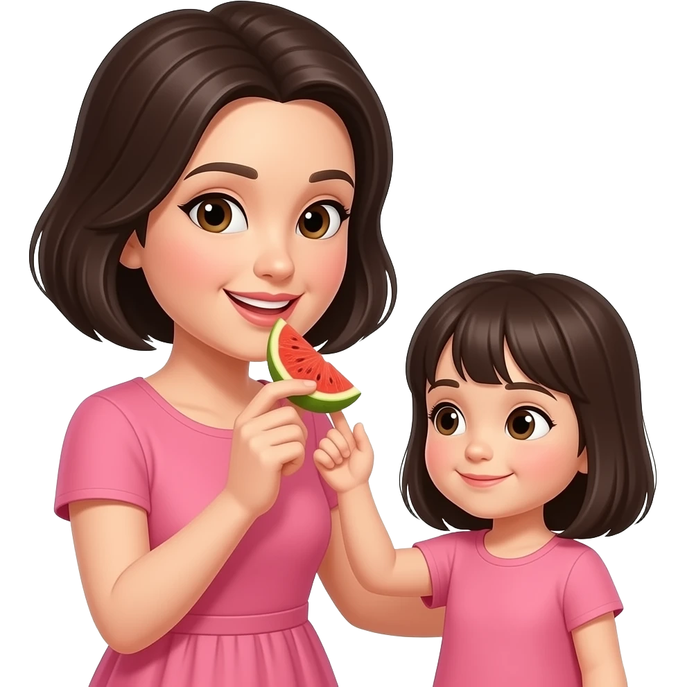 chica de cabello oscuro y corto, con ojos color cafe, con vestido color rosa, merendando frutas con su hija emoji