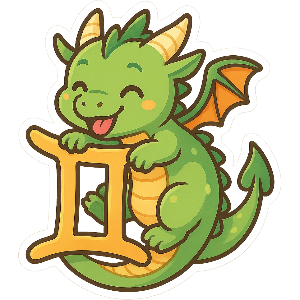 a playful dragon wrapped around the Gemini sign, vibrant emoji style, colorful, lively emoji