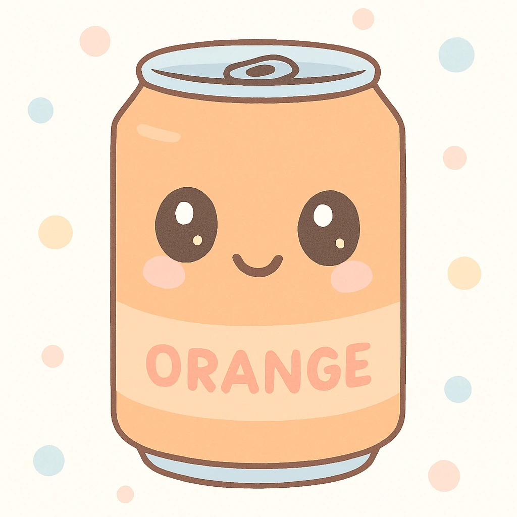 cute orange soda can with a smiling face, bright colors, kawaii style emoji