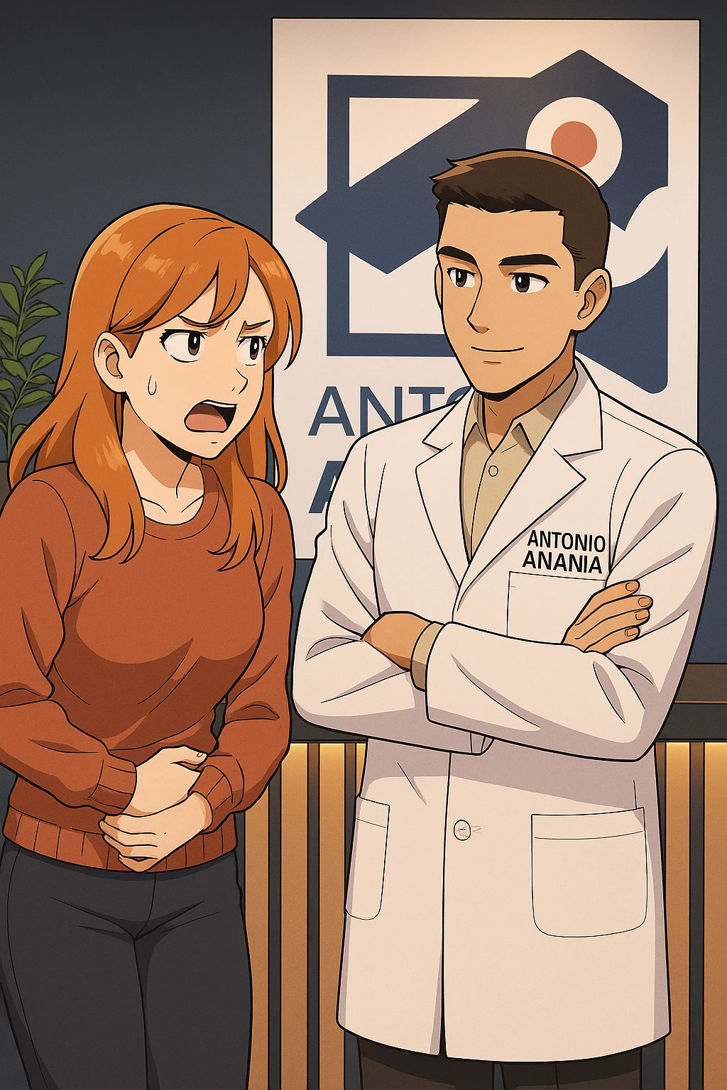 su questo stile fai un manga/webtoon a colori in cui una donna che parla esasperata dal suo problema, l'uomo della foto in stile manga gli risponde, mantieni un ambiente simile alla foto che ho allegato con il suo logo (sarebbe il suo studio, lui è un kinesiologo), scrivigli "ANTONIO ANANIA" sul camice bianco, non mettere fumetti, ma fai in modo che sembri che la donna chiede una cosa e l'uomo risponde alla sua domanda emoji