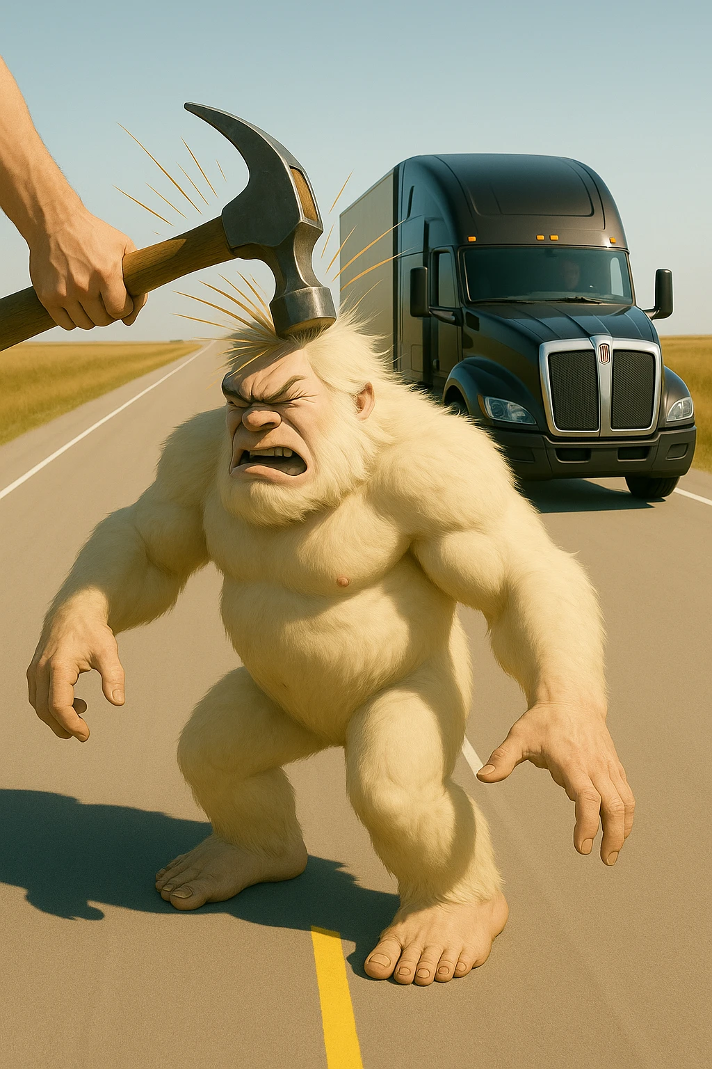 Change to a side view: show the black 2026 Kenworth W680 flat top semi sleeper far behind the abominable snowman, hammer actively hitting the snowman, light and realistic style, no text. emoji