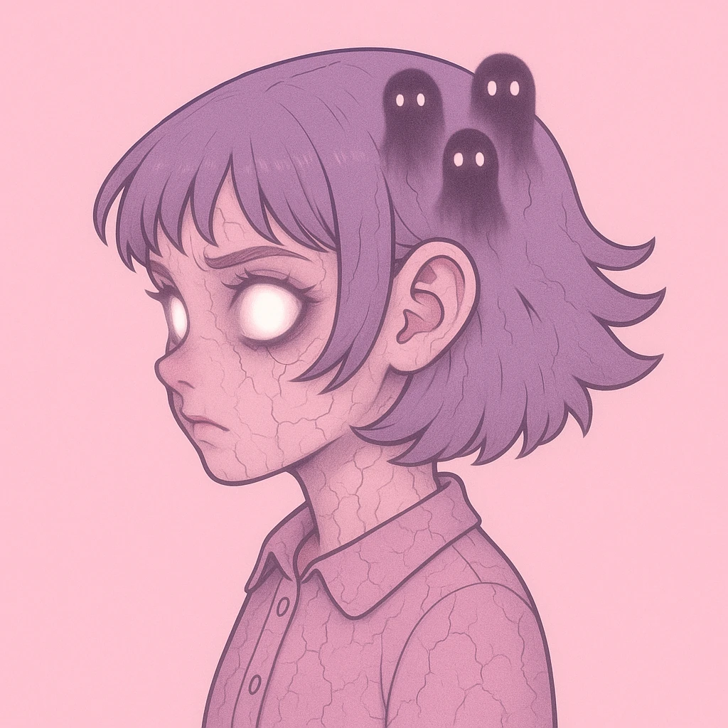 Add more horror details to this pastel horror profile picture, keep it cute, expressive, and minimal, in the style of imagen-4-fast (a detailed, high-quality, fast image generation style). Enhance the horror elements while maintaining the pastel color palette and minimalistic, cute expression. emoji