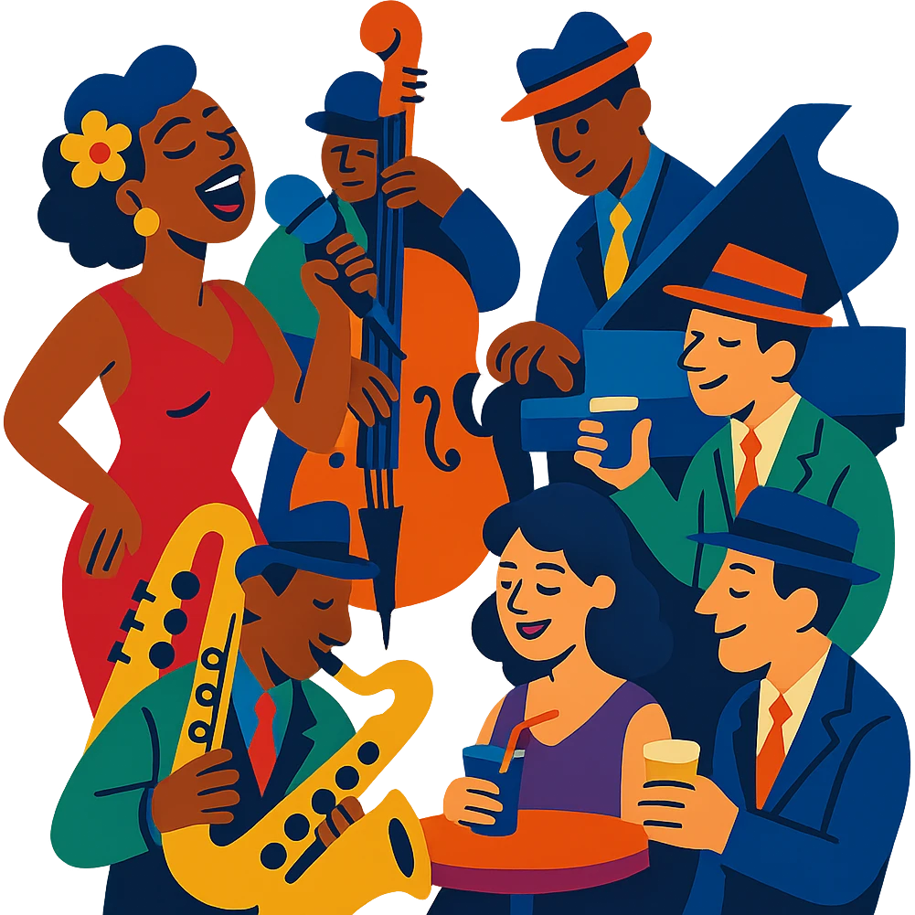 1940s jazz nightclub scene, vibrant toon style, energetic colors, no text emoji