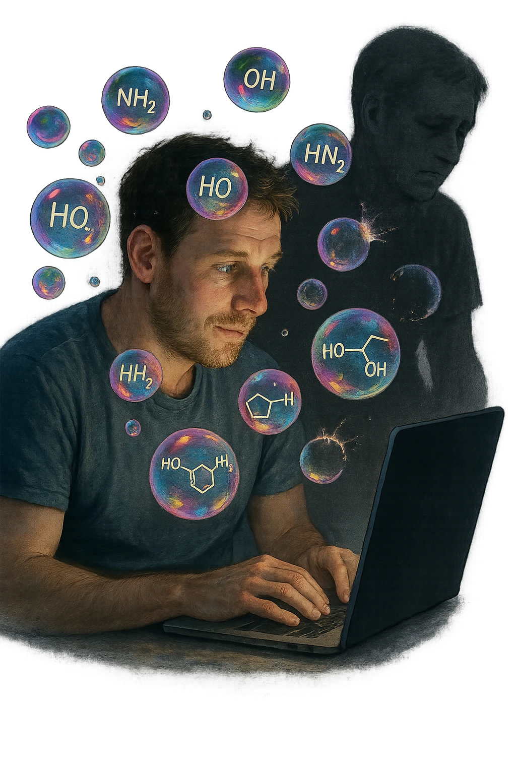 a man sits in front of a glowing screen, with colorful, artificial-looking dopamine molecules floating around his head like soap bubbles. Some bubbles pop and disappear quickly, symbolizing fleeting pleasure. In the background, a shadowy version of the man looks unsatisfied or empty, highlighting the temporary nature of the gratification. realistica con persone vere emoji