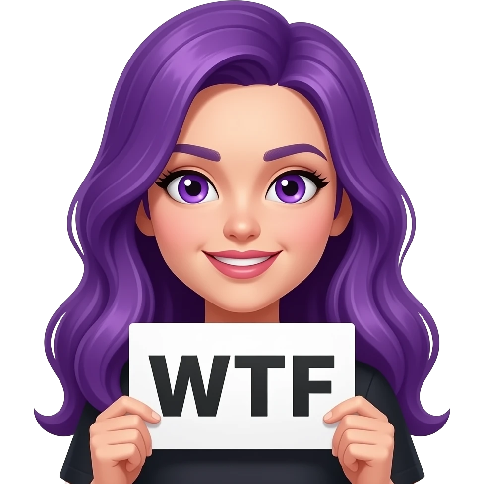 sexy girl with long purple hair and purple eyes holding a WTF sign emoji