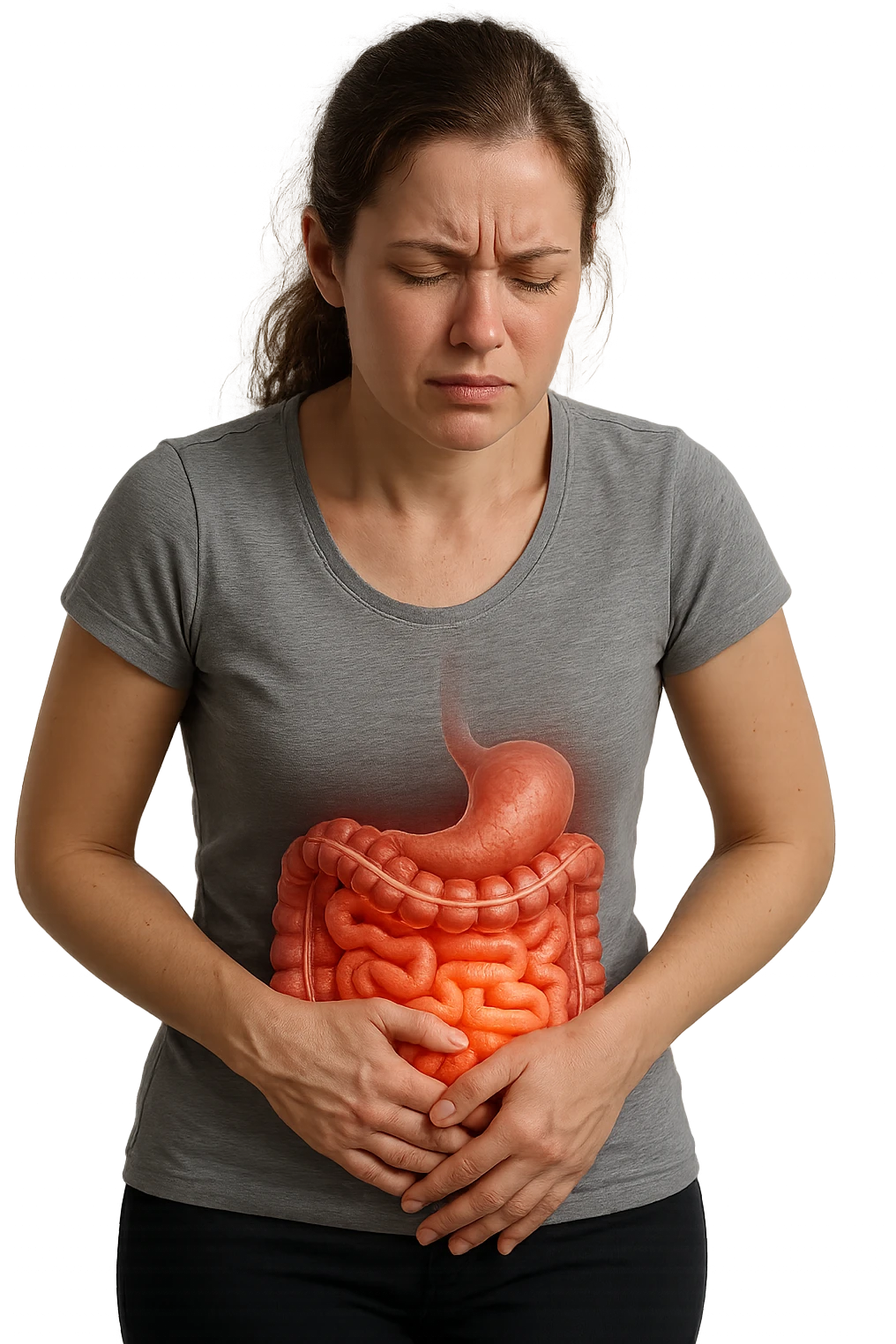 DONNA CON INTESTINO UMANO ANATOMICO IN EVIDENZA E MAL DI PANCIA, iperrealistico 4k, SFONDO BIANCO emoji