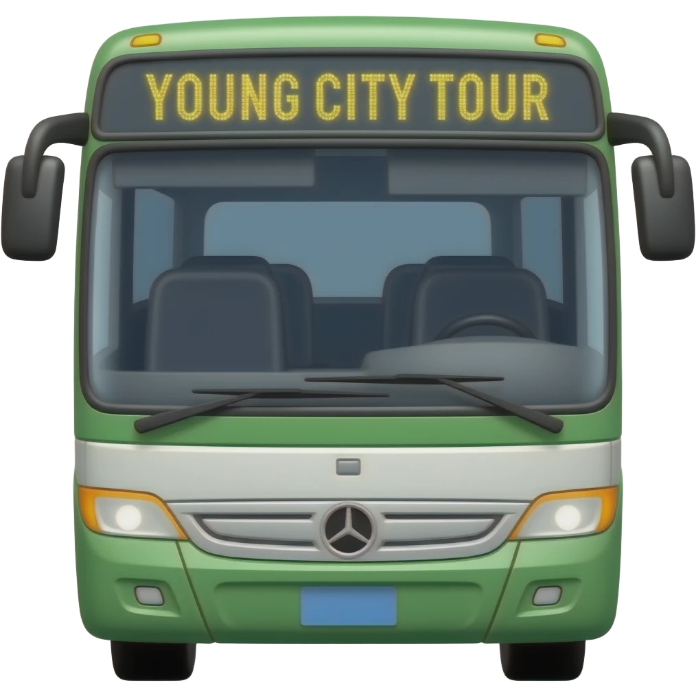 Front Vehicle Different Is Tour Bus With Body Color Is Green And White With Light Text Up Is YOUNG CITY TOUR emoji