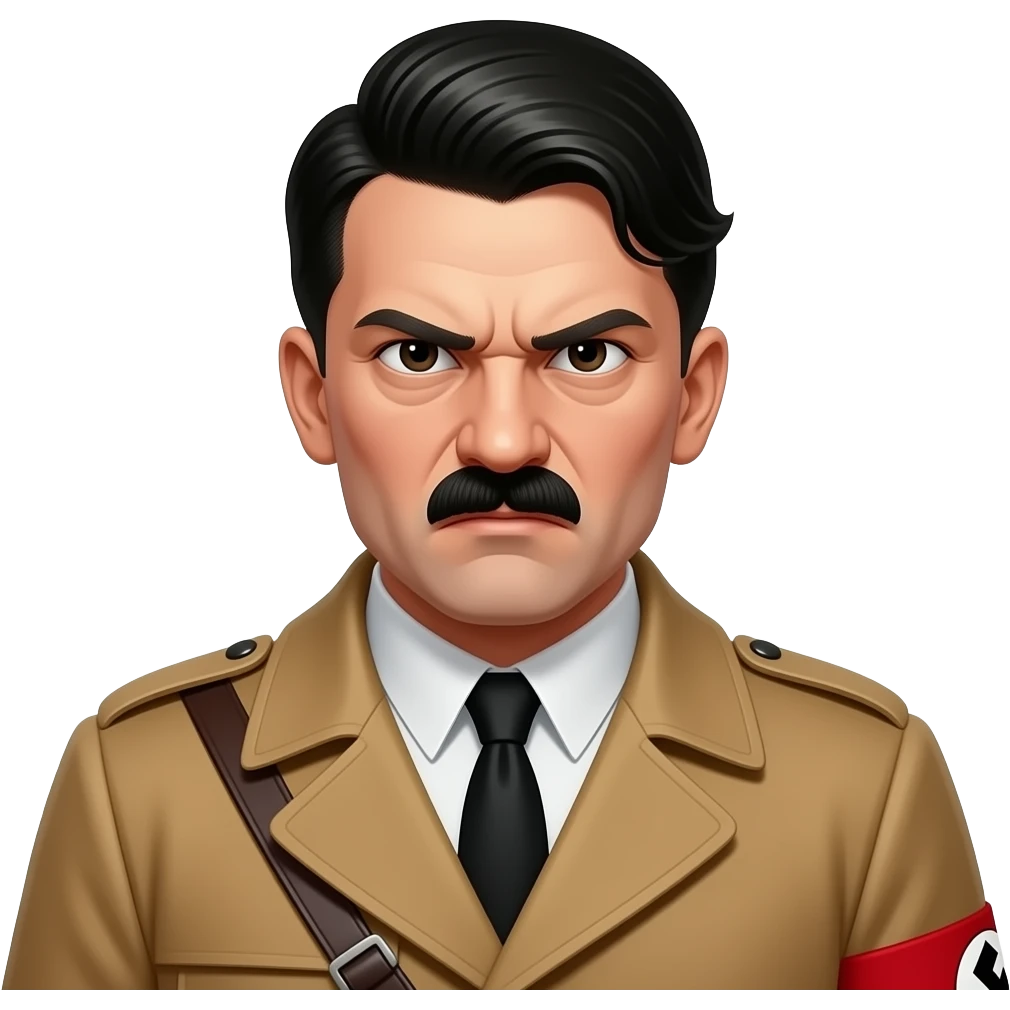 An angry man with black waves hair and a skinny square black mustache under his nose almost like hitler's mustache and he is in a trench coat with a red shoulder band. emoji