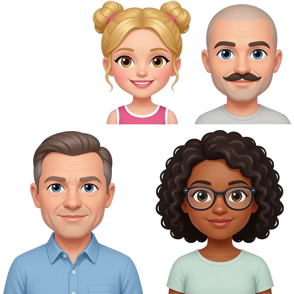 a family emoji A bald 40-year-old white man; beside him, a slightly darker-skinned woman with glasses and medium curly black hair. Above them, a blonde girl with two buns and, next to her, a white man with blue eyes, a mustache, and shaved hair emoji
